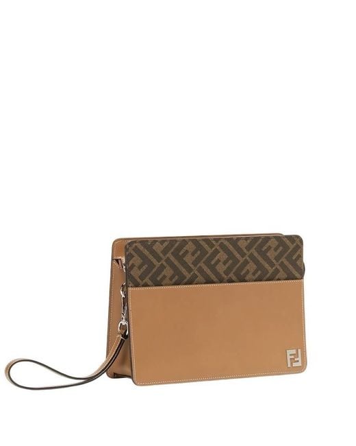 Fendi Brown Squared Logo Applique Standing Clutch for men