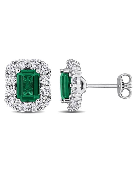 Created Forever Green 1 4/5Ct Tgw Created Emerald And 1 1/3Ct Tw Lab-Grown Diamond Halo Stud Earrings