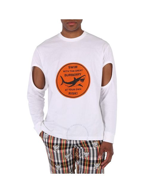 Burberry White Shark Print Cotton Long Sleeve T-shirt for men
