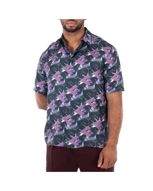 Fendi Blue Ff Motif Italian-Style Silk Shirt, Brand Size 40 (Neck Size 16" for men