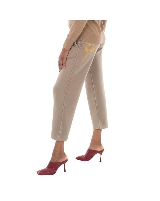 Burberry Natural Rose Embroidered Drawstring Wool Trousers