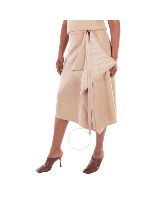 Fendi Natural Logo Pattern Midi Drape Wool Skirt, Brand Size 44 (Us