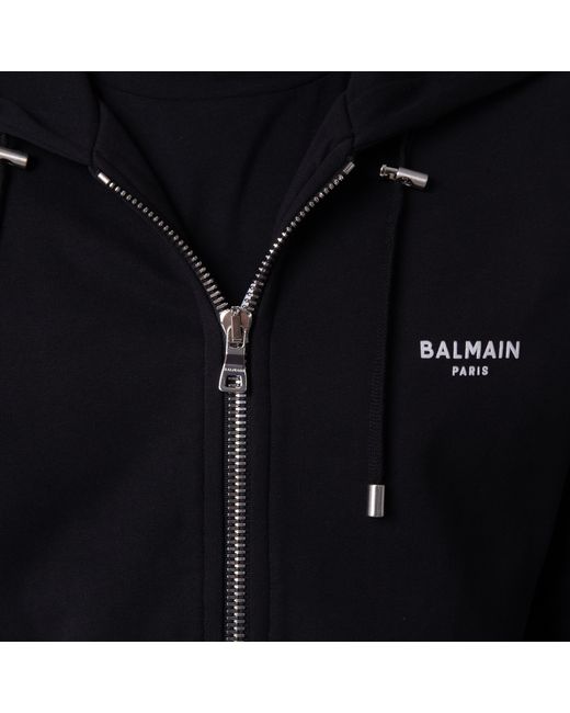 Balmain Black Flock Logo Zip Up Hoodie for men