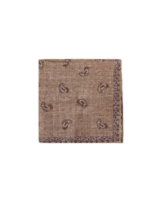 Brunello Cucinelli Brown Sand Linen Silk Paisley Pocketsquare, One Size for men