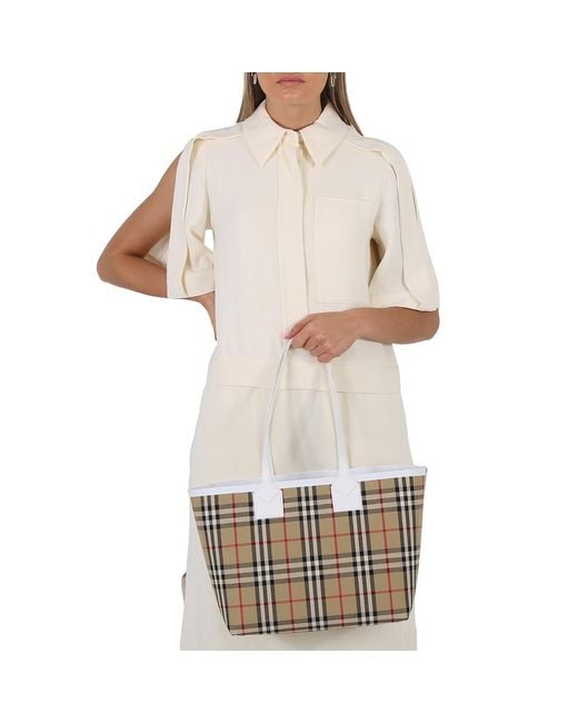 Burberry Metallic Ladies Archive Check Cotton Canvas Small London Tote
