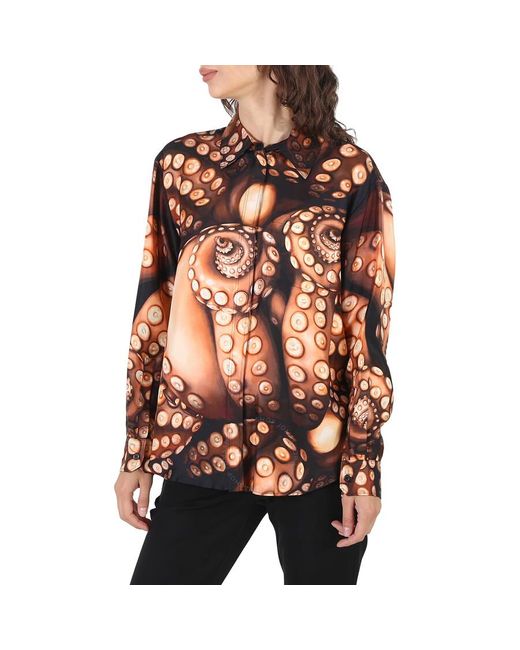 Burberry Brown Silk Twill Octopus Print Long-sleeve Oversized Shirt