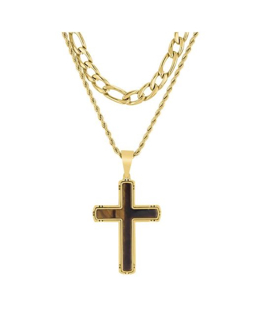 Robert Alton Metallic Stainless Steel Finish Double Chain With Tiger Eye Cross Pendant for men