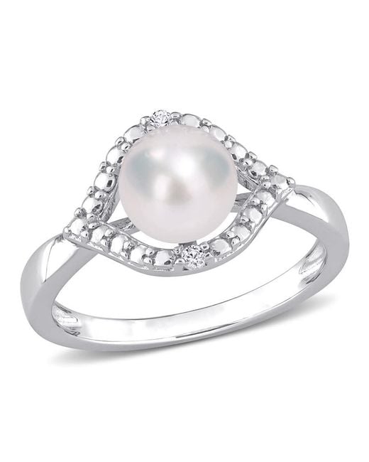 Amour Metallic 7-7.5Mm Freshwater Cultured Pearl And Created Sapphire Halo Ring