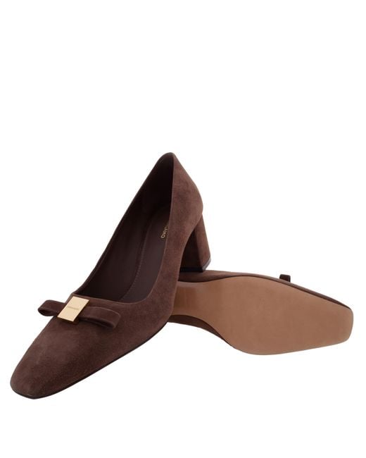 Ferragamo Brown Myra Bow Block Heel Pumps
