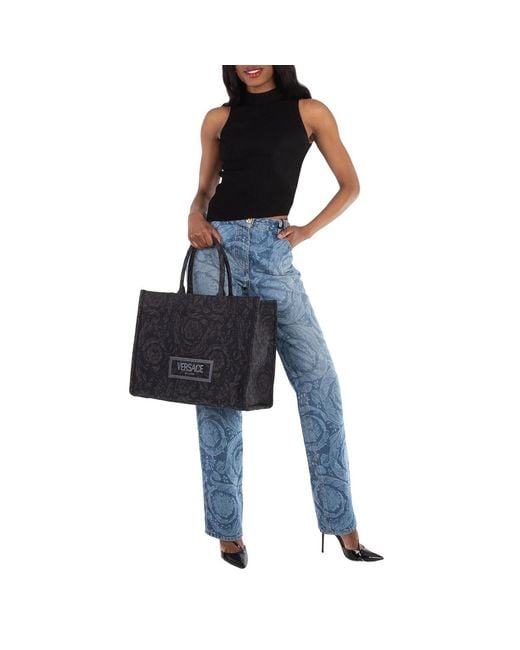 Versace Black Embroidered Logo Canvas Tote Bag for men