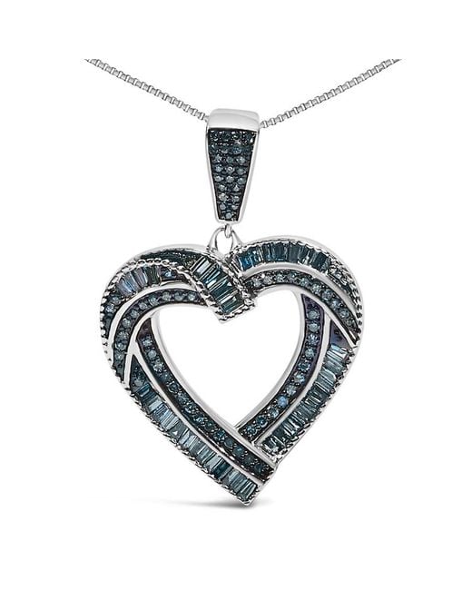 Haus of Brilliance Blue 925 Sterling 1.00 Cttw Baguette And Round Diamond Open Heart Pendant Necklace