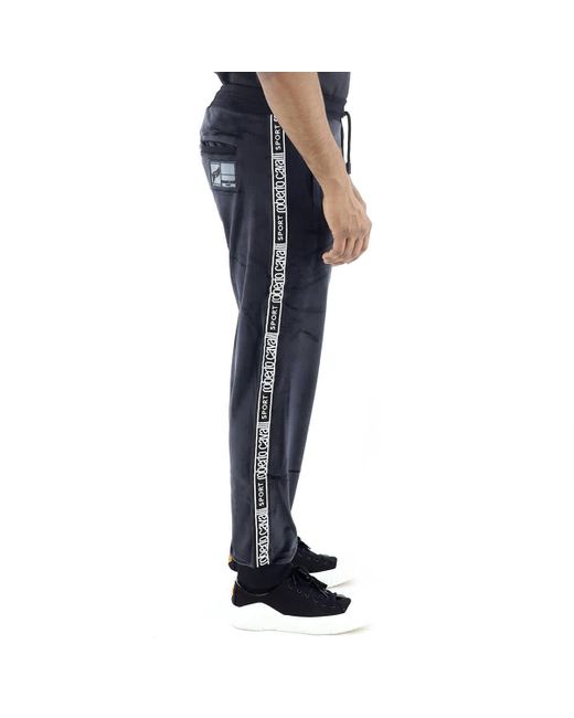 Roberto Cavalli Blue Velour Logo Stripe Sweatpants for men