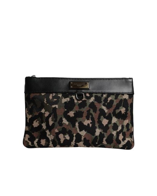 Dolce & Gabbana Black Dolce & Gabbana Leopard Jacquard Print Logo Plaque Pouch Bag for men