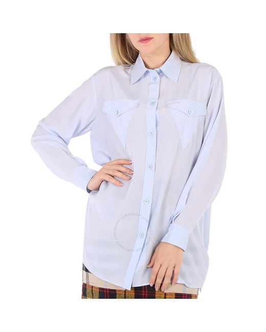 Burberry Blue Pale Irem Silk Crepe De Chine Logo Detail Oversized Shirt