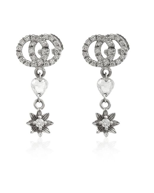 Gucci Metallic Ladies Flower And Double G Earrings With Diamonds