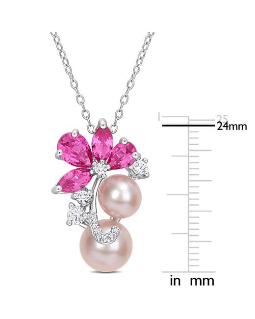 Amour Pink Cultured Freshwater Pearl & 3 1/8 Ct Tgw Created And Sapphire Pendant With Chain