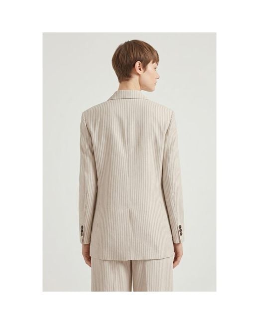 Brunello Cucinelli Natural Pinstripe Double Breasted Blazer, Brand Size 40 (Us