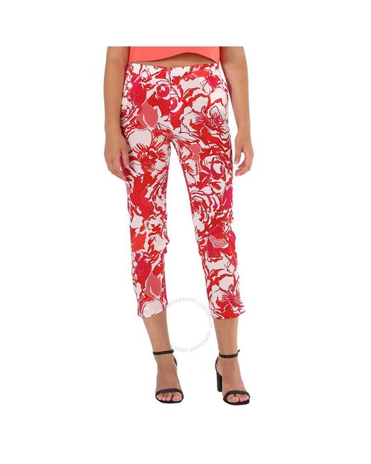 Roberto Cavalli Red Hydrangea / Floral-print Straight-leg Silk Trousers