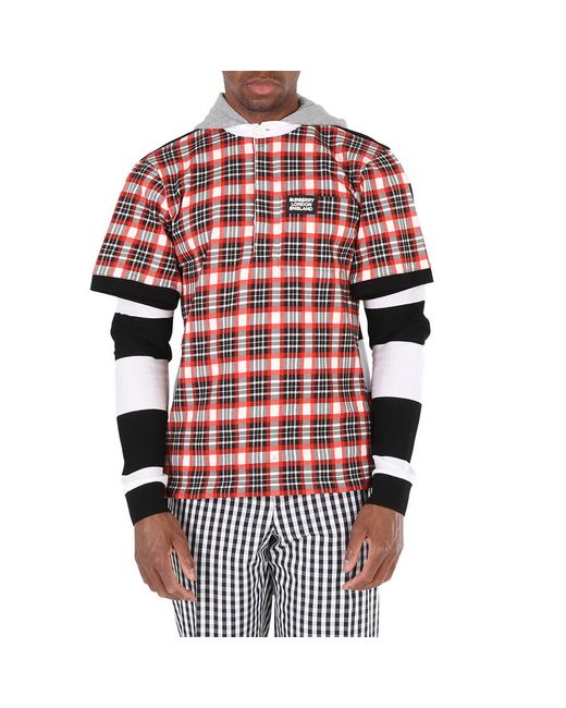 Burberry Red Bright Plaid And Striped Cotton Remodeled Rugby Shirt for men