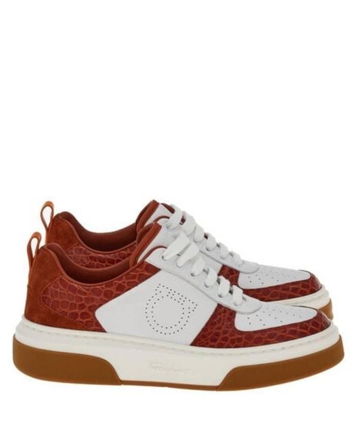 Ferragamo Red Cassina Croc-Embossed Leather Sneakers for men