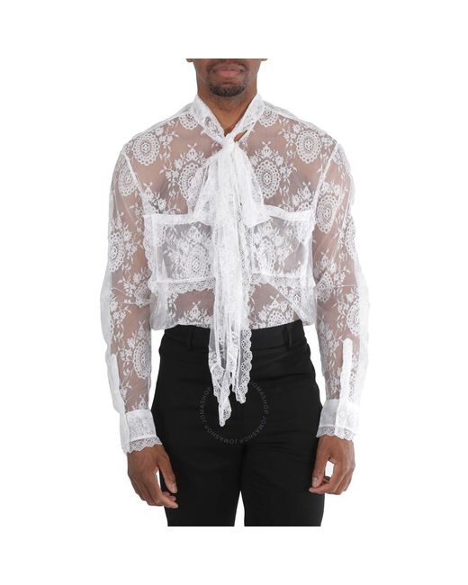Burberry White Optic Oversized Tie-neck Chantilly Lace Shirt for men