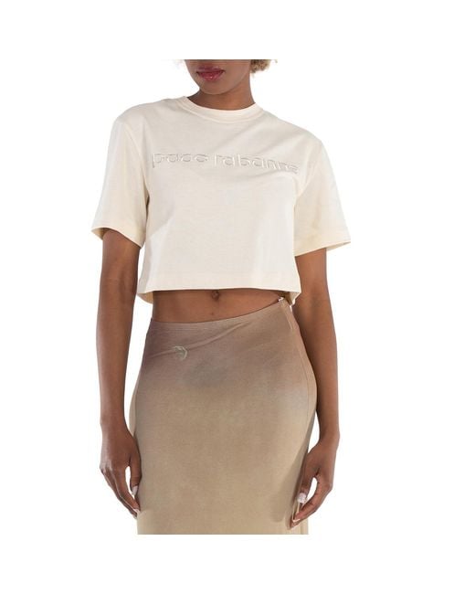 Rabanne White Ladies Nude Logo-Embroidered Cropped T-Shirt, Brand Size 38 (Us