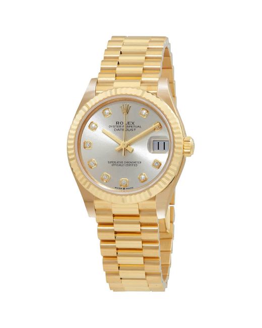 Rolex Metallic Datejust 31 Automatic 18kt Yellow Gold Diamond Silver Dial Watch
