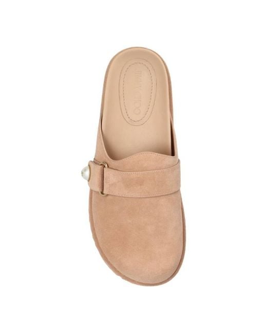 Jimmy Choo Natural Fayence Suede Pearly Mules, Brand Size 35 Us