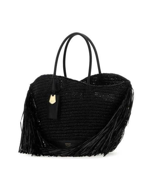 Ferragamo Black Raffia And Leather Big Shopping Bag for men