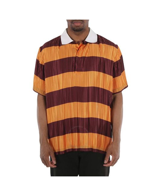 Burberry Orange Striped Plisse-pleated Polo Shirt for men