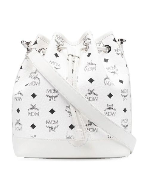 MCM White Medium Dessau Logo-Print Bucket Bag