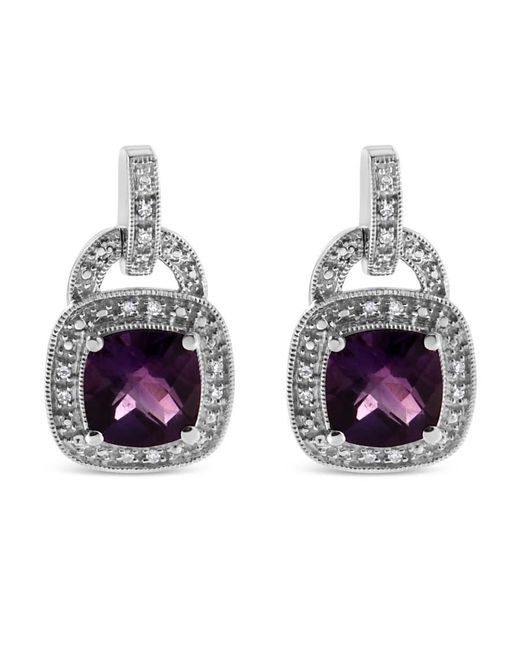 Haus of Brilliance Metallic 925 Sterling 8Mm Natural Cushion Shaped Amethyst,Accent Halo With Push Back Dangle Earrings