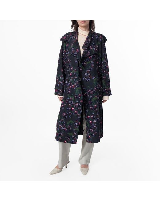 Burberry Blue Cherry Print Belted Trench Coat, Brand Size 6 Us