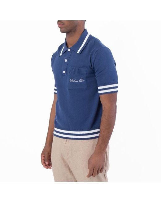 Balmain Blue Siganture Embroidered Polo Shirt for men