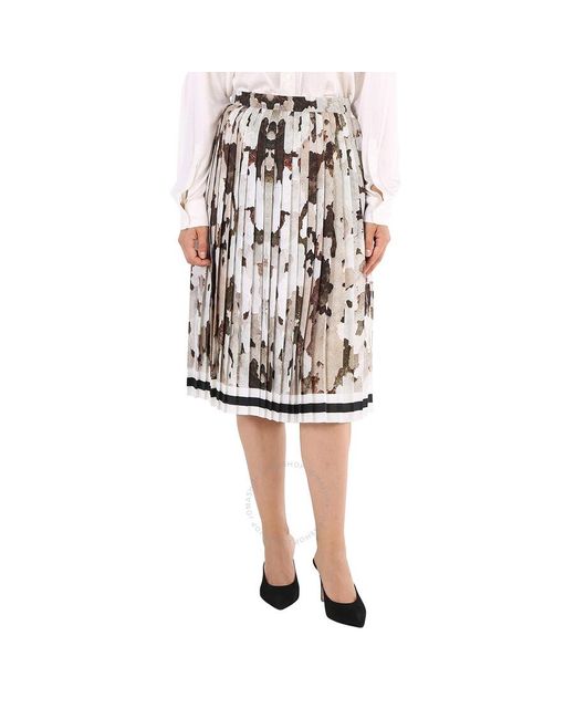 Burberry White Camouflage Print And Stripes Pleated Skirt
