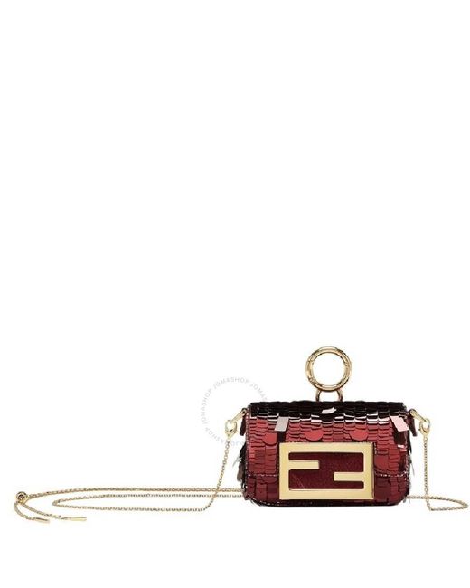 Fendi Red Nano Baguette Charm Embellished Sequins Bag