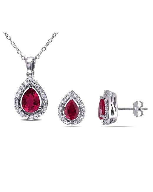 Amour Pink 4 7/8 Ct Tgw Created Ruby And Created Sapphire Teardrop Halo Pendant With Chain And Stud Earrings 2-Piece Set for men