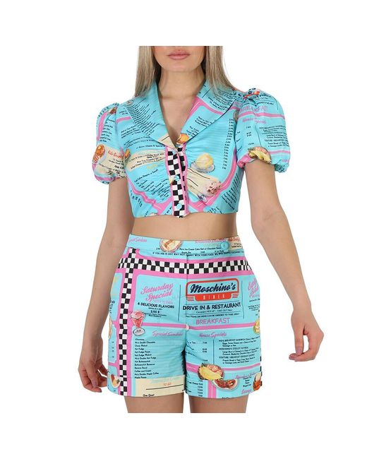 Moschino Blue All-over Diner Menu Print Cropped Silk Blouse