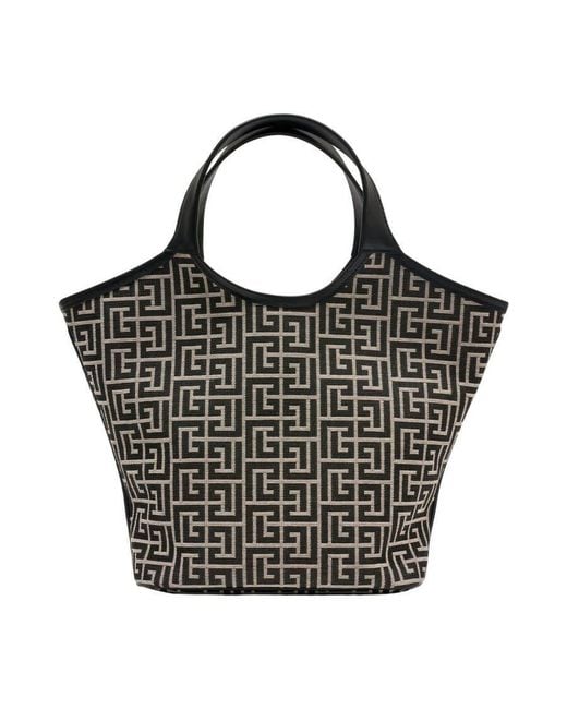 Balmain Black Monogram Jacquard Leather Top Handle Bag