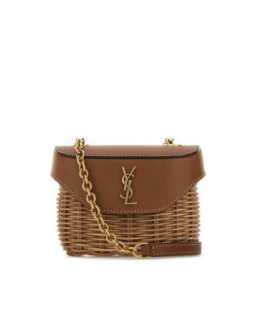 Saint Laurent Brown Two-Tone Wicker And Leather Mini Box June Crossbod