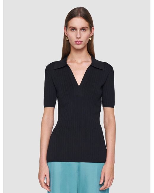 Joseph Black Viscose Rib Knit Polo Top