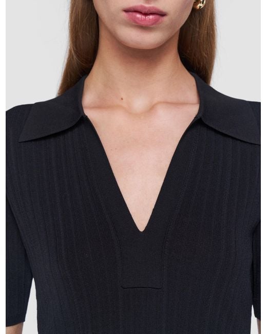 Joseph Black Viscose Rib Knit Polo Top