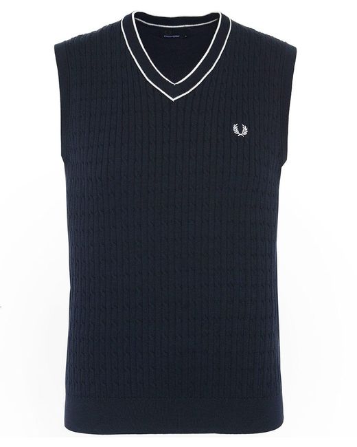 Fred Perry Blue Cotton Cable Knit V-neck Tank Top for men
