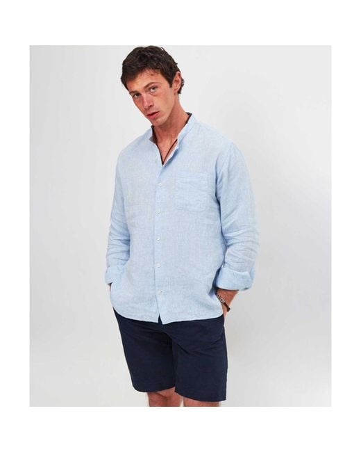 Burrows and Hare Blue Linen Grandad Shirt for men