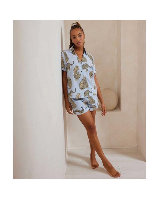 Chelsea Peers Blue Seersucker Leopard Stripe Pyjama Set
