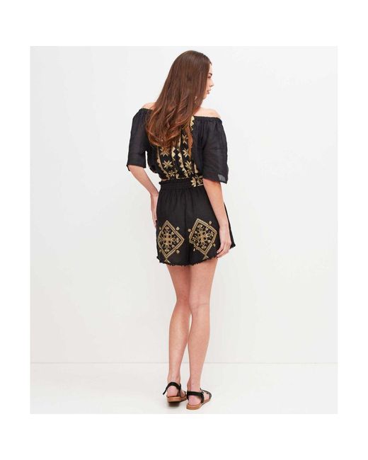Greek Archaic Kori Black Linen Embroidered Lefkada Shorts
