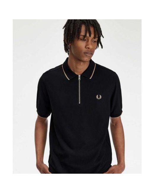 Fred Perry Black Crepe Pique Zip Polo Shirt for men