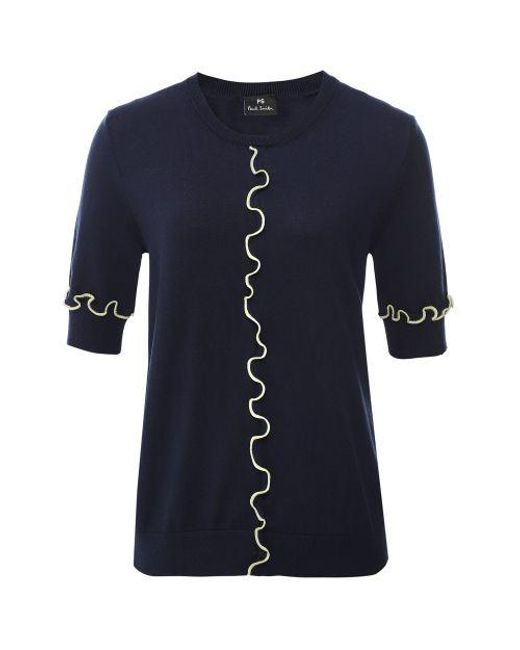 Paul Smith Blue Cotton Knitted Frill Top