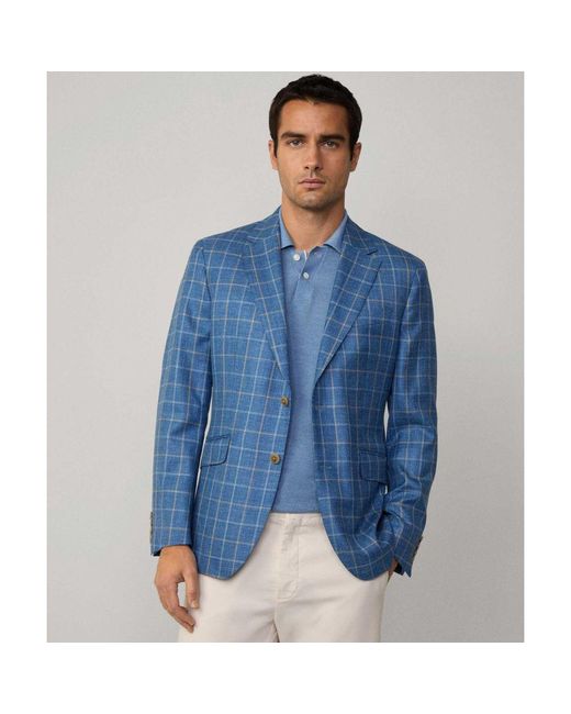 Hackett Blue Wool Silk Linen Tattersall Blazer for men