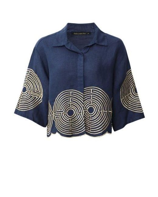 Greek Archaic Kori Blue Circle Cropped Linen Shirt
